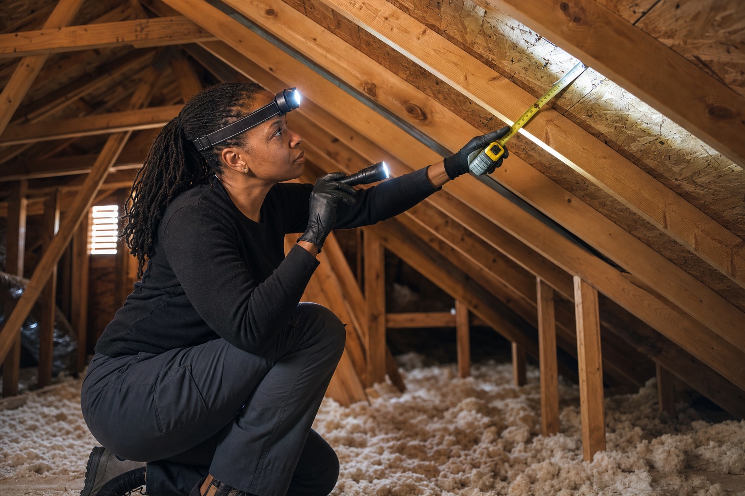 Inspector measuring visible attic framing with a flashlight