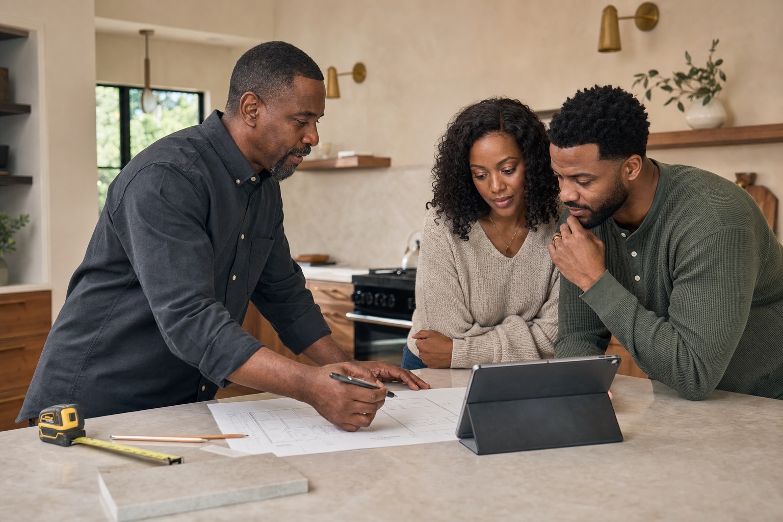 Construction professionals reviewing plans in a kitchen