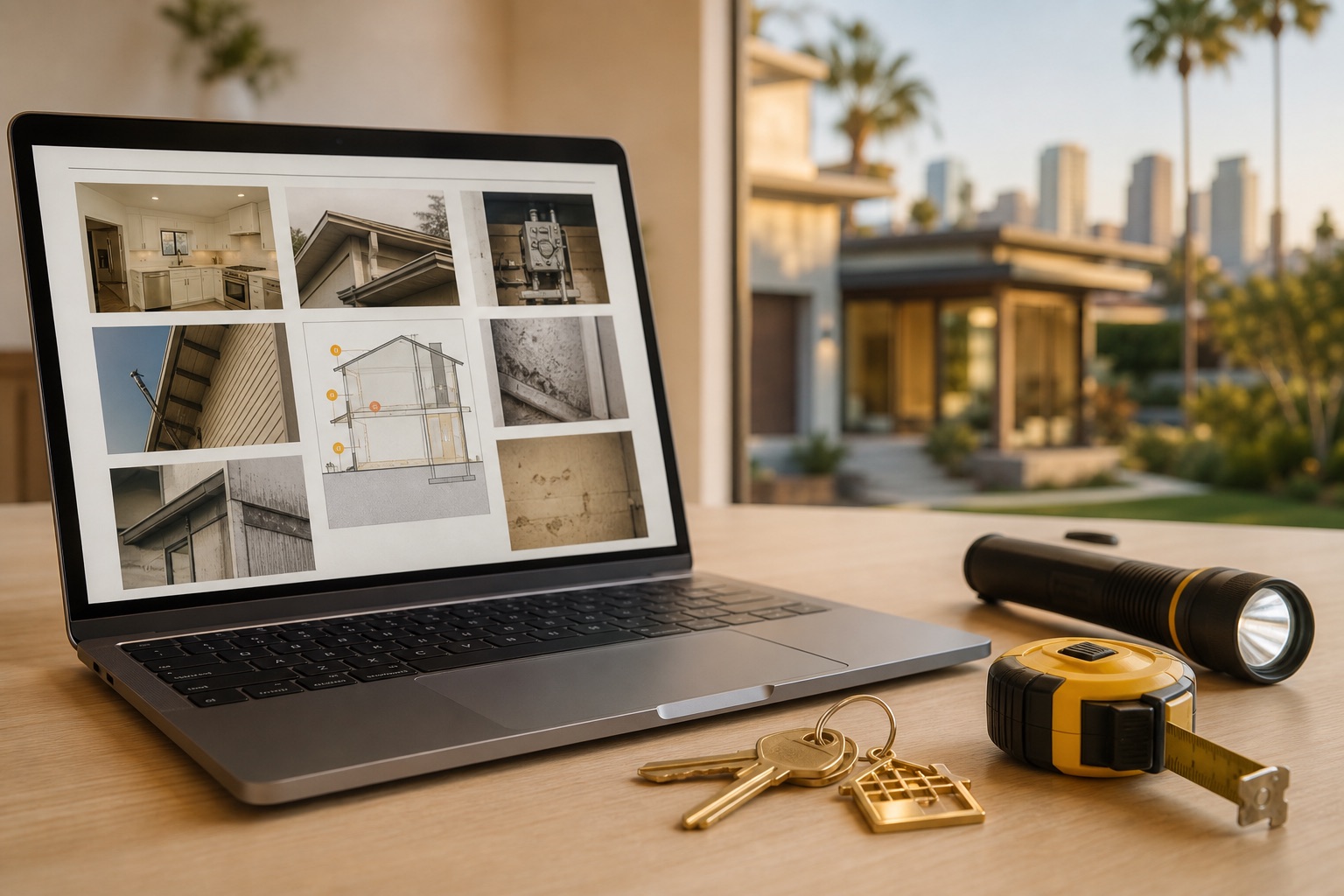 Home inspection report and tools on a desk